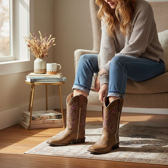 Brown Shaynne Western Girl Cowboy Boots with Pink Stitching From Boot Barn - Picture 2 of 7